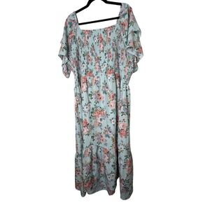 Unbranded Floral Maxi Dress Women 4X plus Light Blue Smocked Flutter Sleeve